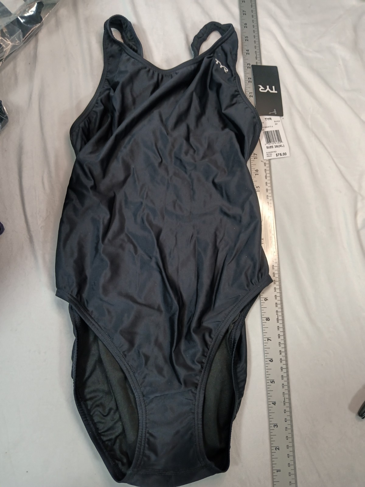 TYR Women’s Solid Black One Piece Racerback Swimsuit Stretch 38 (XL)
