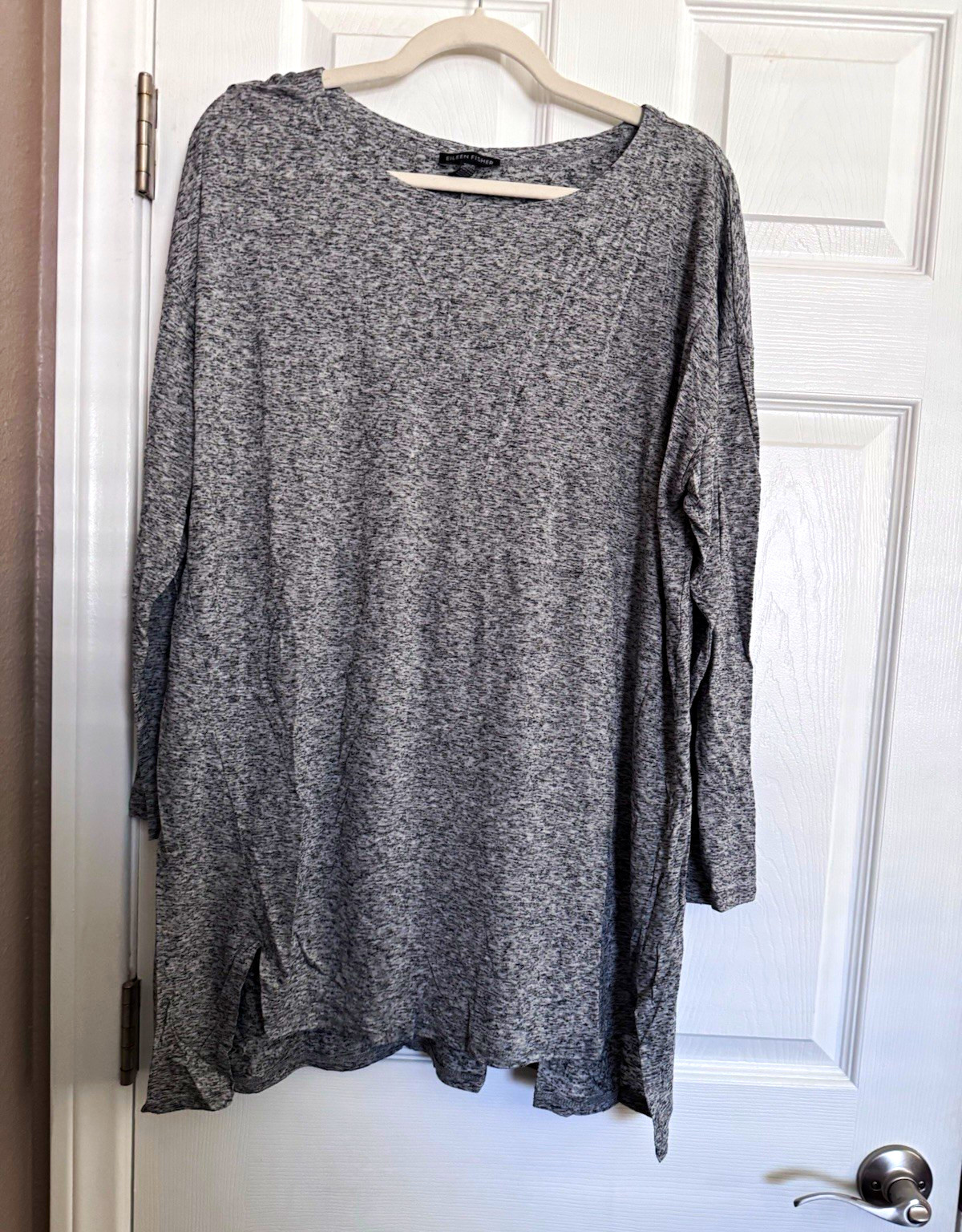 Eileen Fisher Gray Heathered Lyocell Boat Neck Long Sleeve Pullover Top L/G