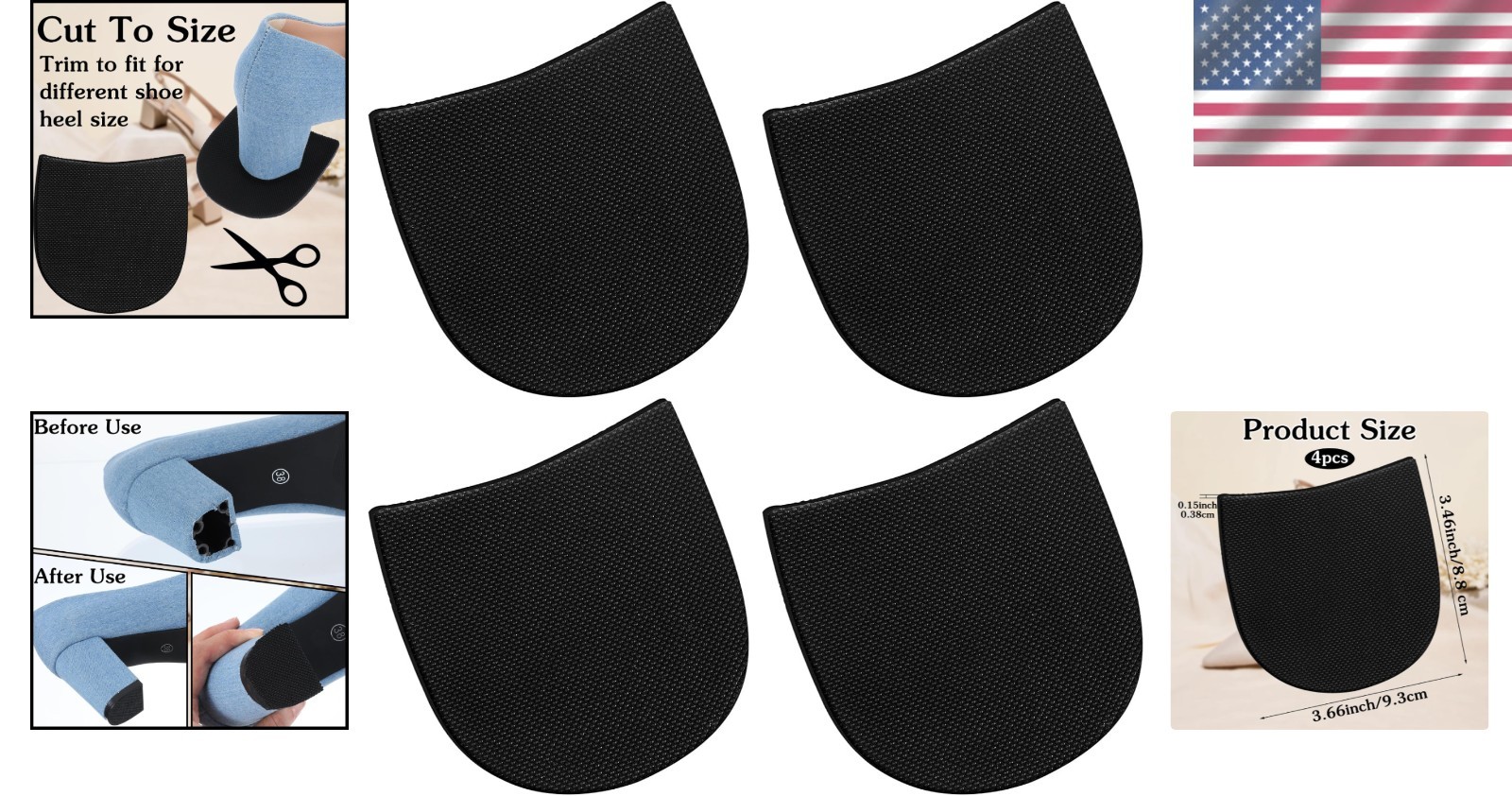 4mm Thick Anti-Slip Rubber Heel Caps for Boot Repair – 4 PCS Black Kit