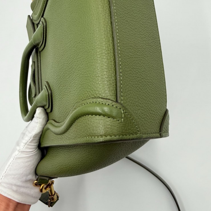 CELINE Luggage Nano Shopper Hand Bag Green Leather Gold Tone