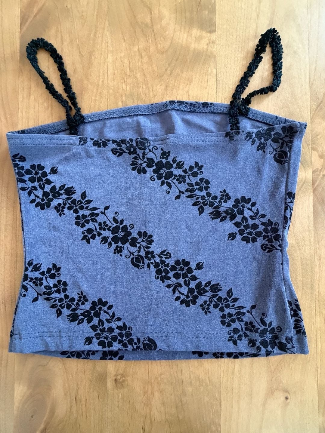 Ecru Y2K Floral Printed Blue Cami Top with Rosette Trim Straps