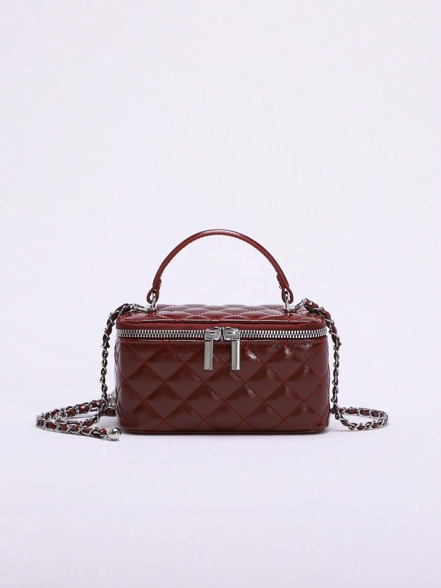 Mini Quilted Box Bag Rhinestone Embroidery Zipper Handbag Chain Strap Purse