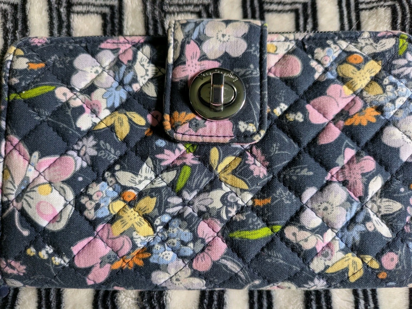 Vera Bradley Turn Lock Zip Wallet, RFID, Midnight Wildflowers Retired Print