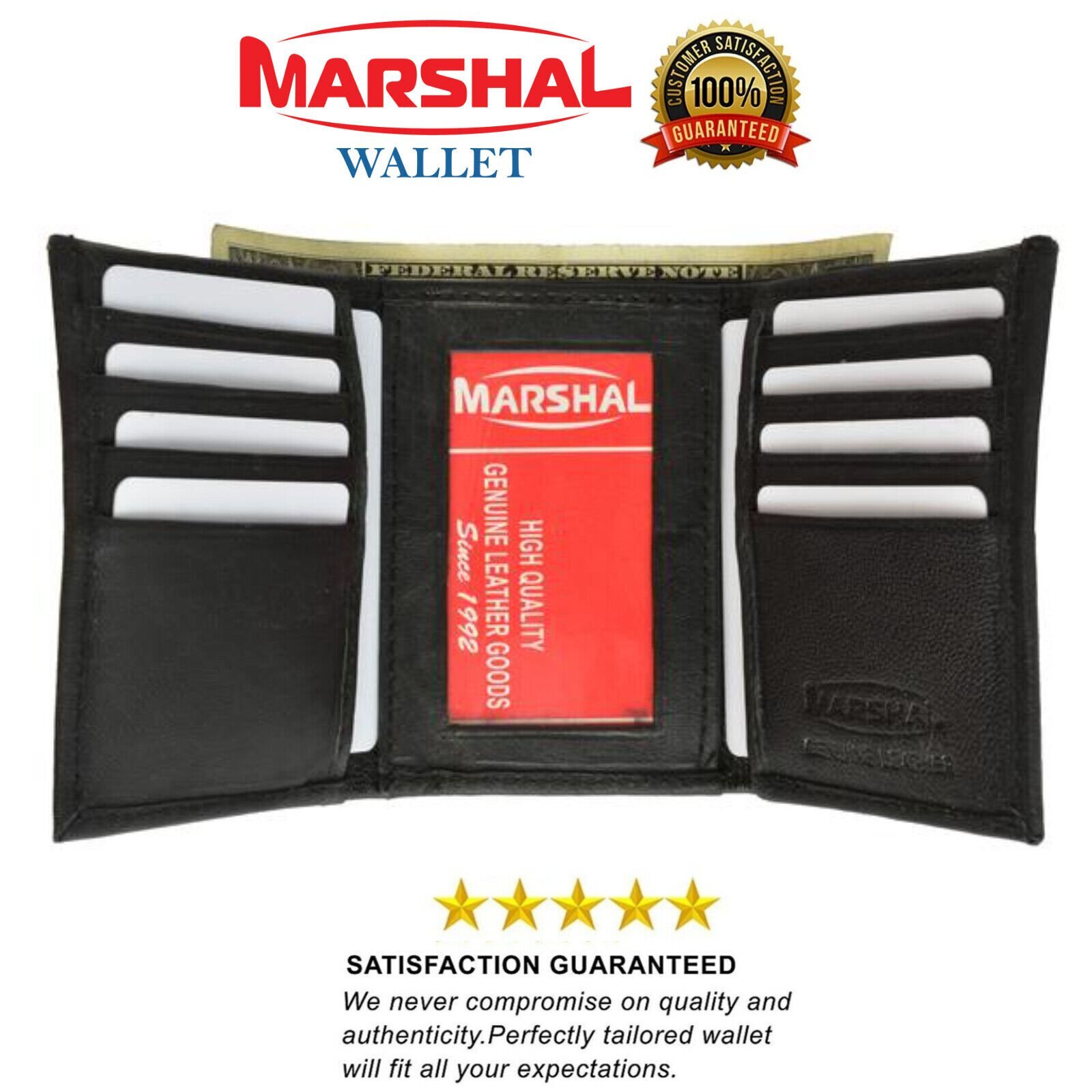 Men’s Genuine Leather Trifold Wallet Black 8 Credit Card slots ID window