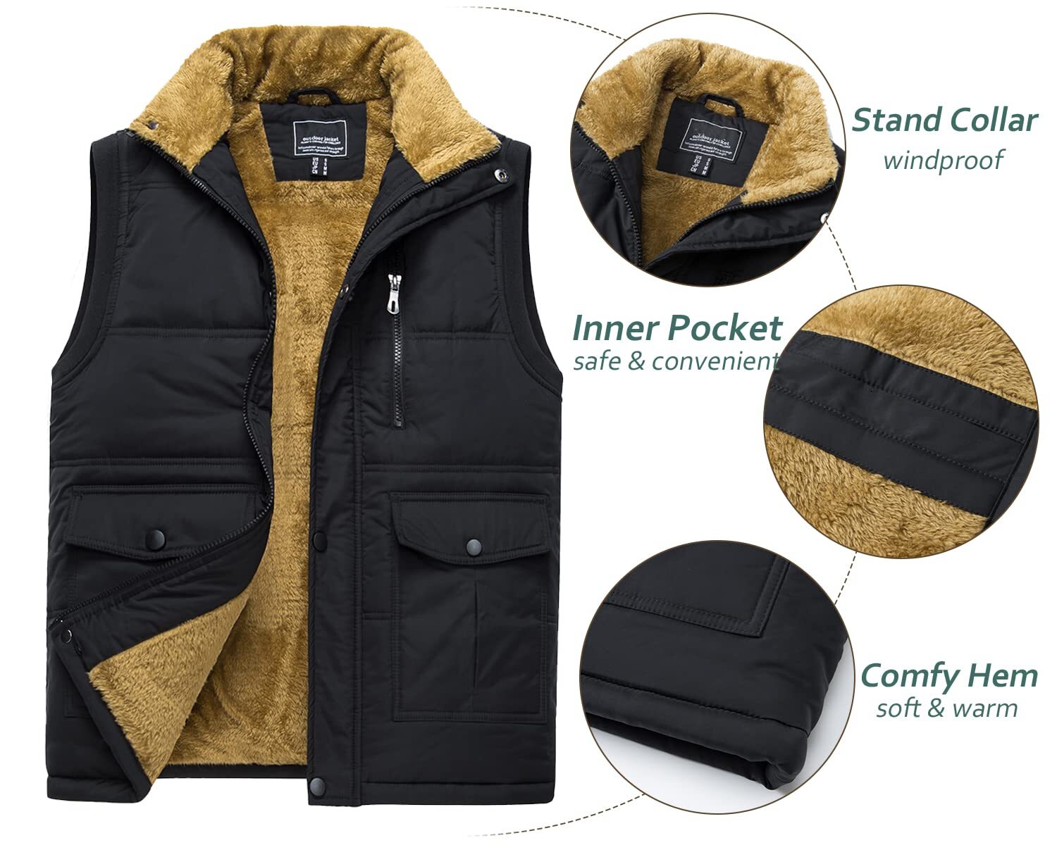 Men’s Winter Vests Sleeveless Jackets Casual Warm Fleece Lined Padded Outerwear