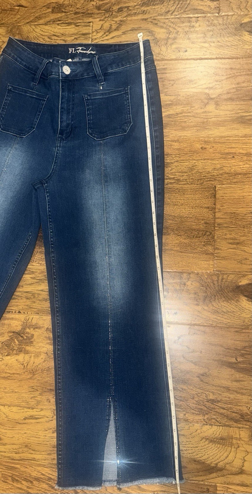 NWT Frank Lyman 256797U Blue Cropped Wide Leg Jeans Rhinestone Hem Womens Size L