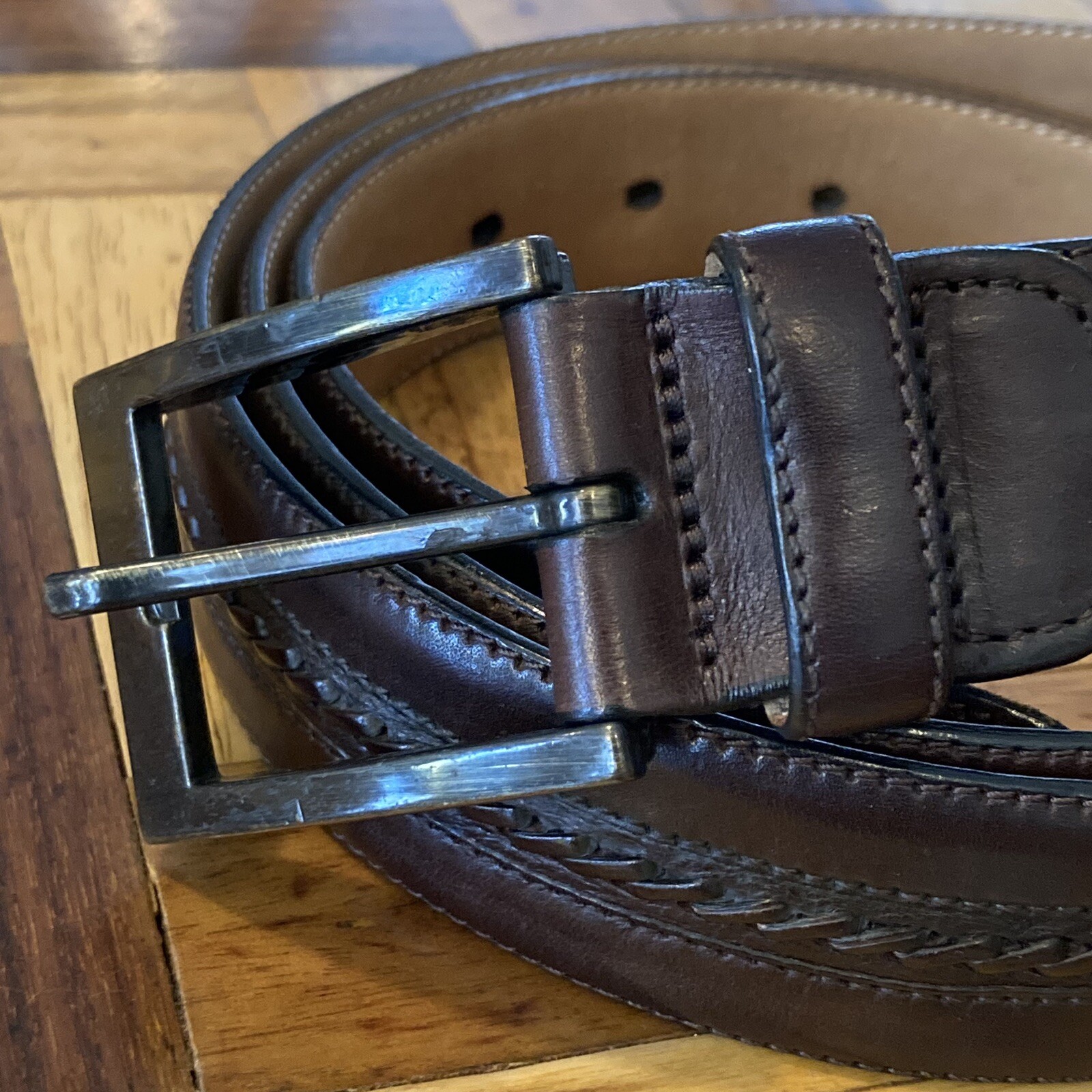 Mezlan Solid with Woven Inlay Brown Leather Mens Belt Size US 44 Made in Spain
