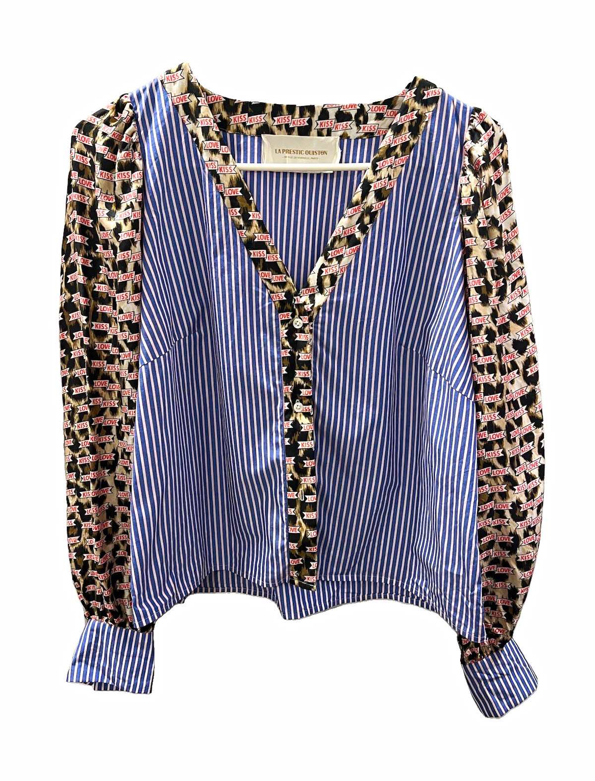 La Prestic Ouiston Baronne Mixed Print Shirt Blue Stripe Cheetah Kiss Love