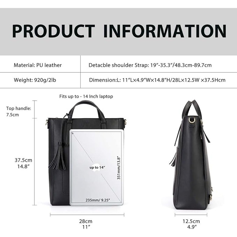 ECOSUSI Black Vegan Leather Convertible Backpack Tote Bag Laptop Briefcase