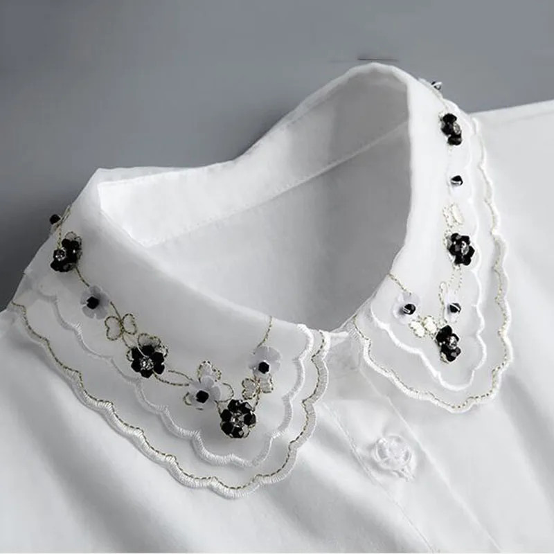 Front Tie White Fake Collar Stand Beads Detachable Collar Fake Women Vintage
