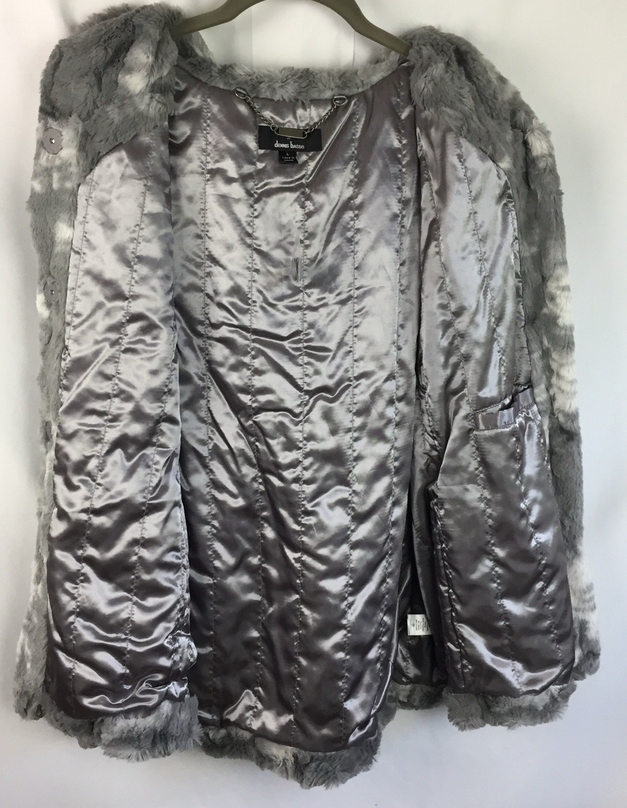 NWOT Dennis Basso Snap Front Faux Fur Hooded Vest Textured Gray Size Large Lined
