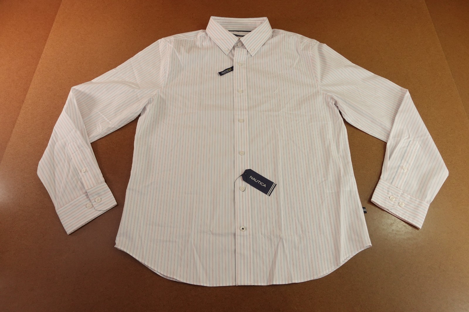 Nautica Mens Large Bright White Striped Slim Fit Long Sleeve Button-Up Shirt NWT