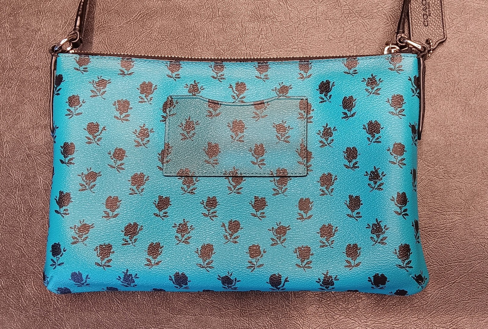 COACH Teal Blue Leather Floral Print w/ Pop Up Pouch Crossbody Bag #F38159 *READ