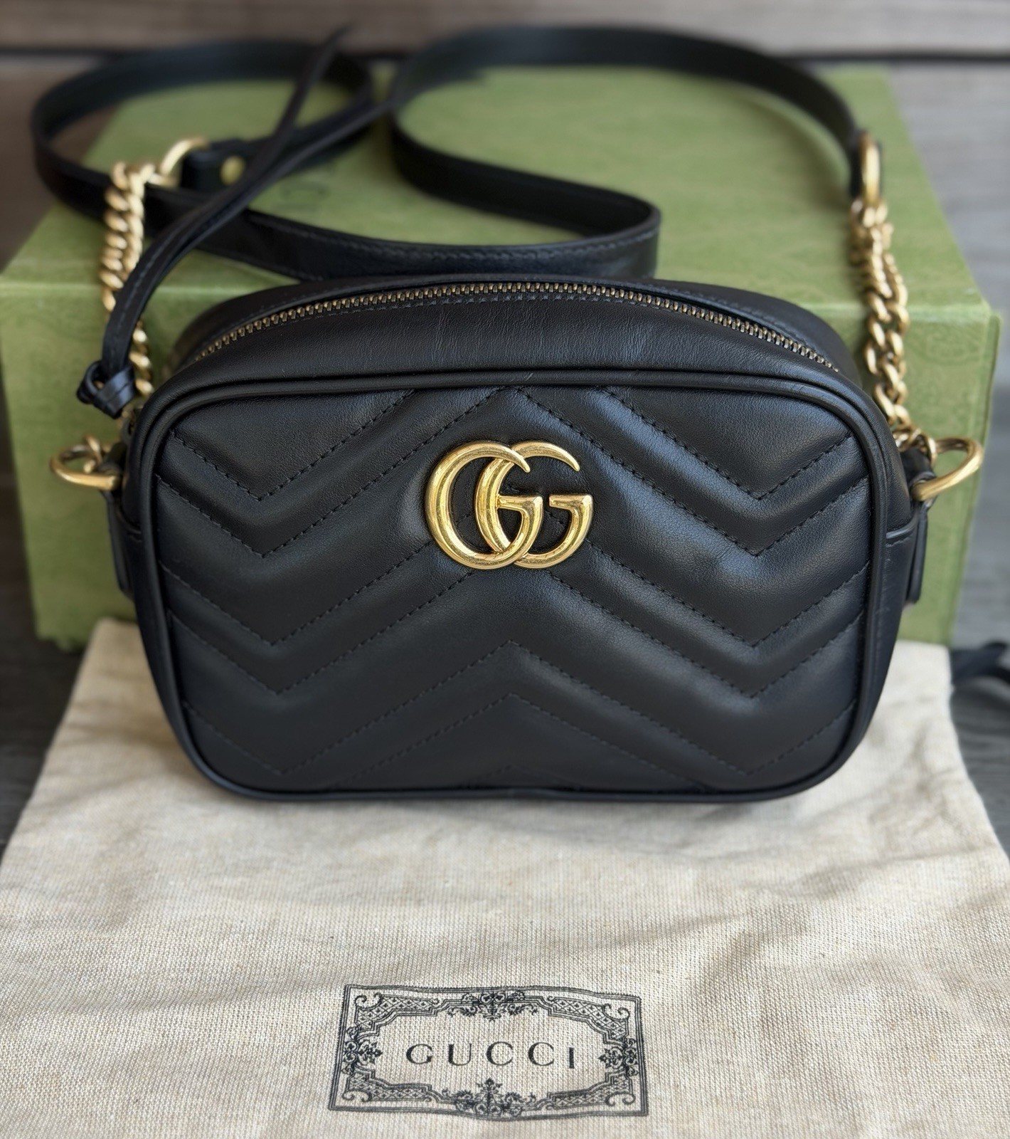 Gucci Calfskin Matelasse Mini GG Marmont Chain Shoulder Bag Black