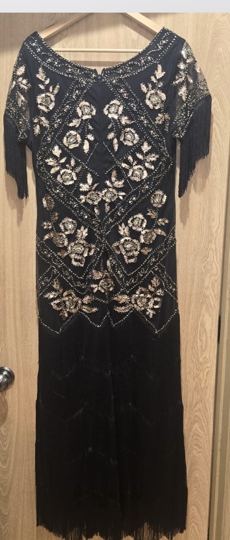 BABEYOND Black/Gold Sequin Fringe Maxi Dress V-Neck Full Zip XL