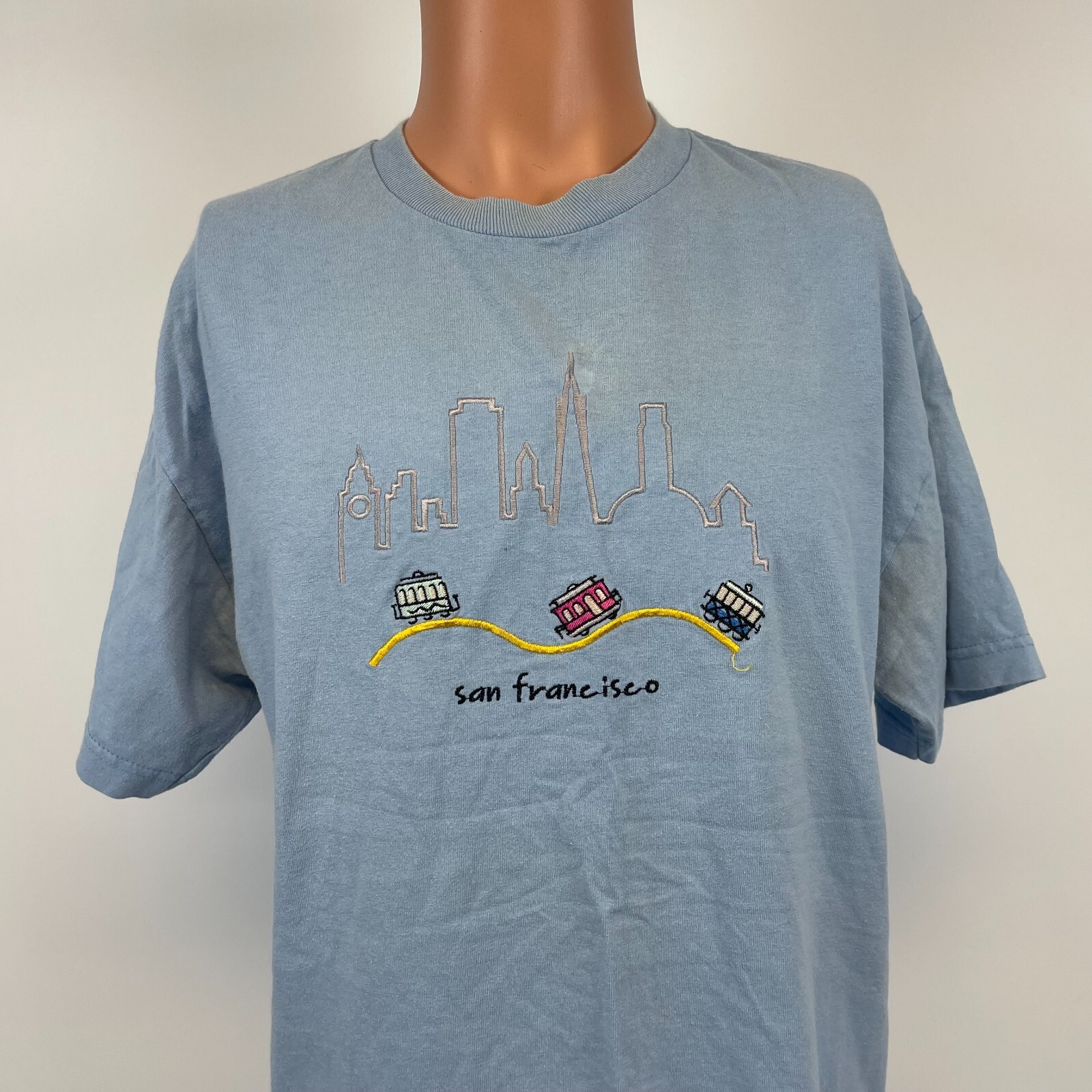 San Franciso Cable Car Embroidered T Shirt Vtg 90s California Made USA Size L