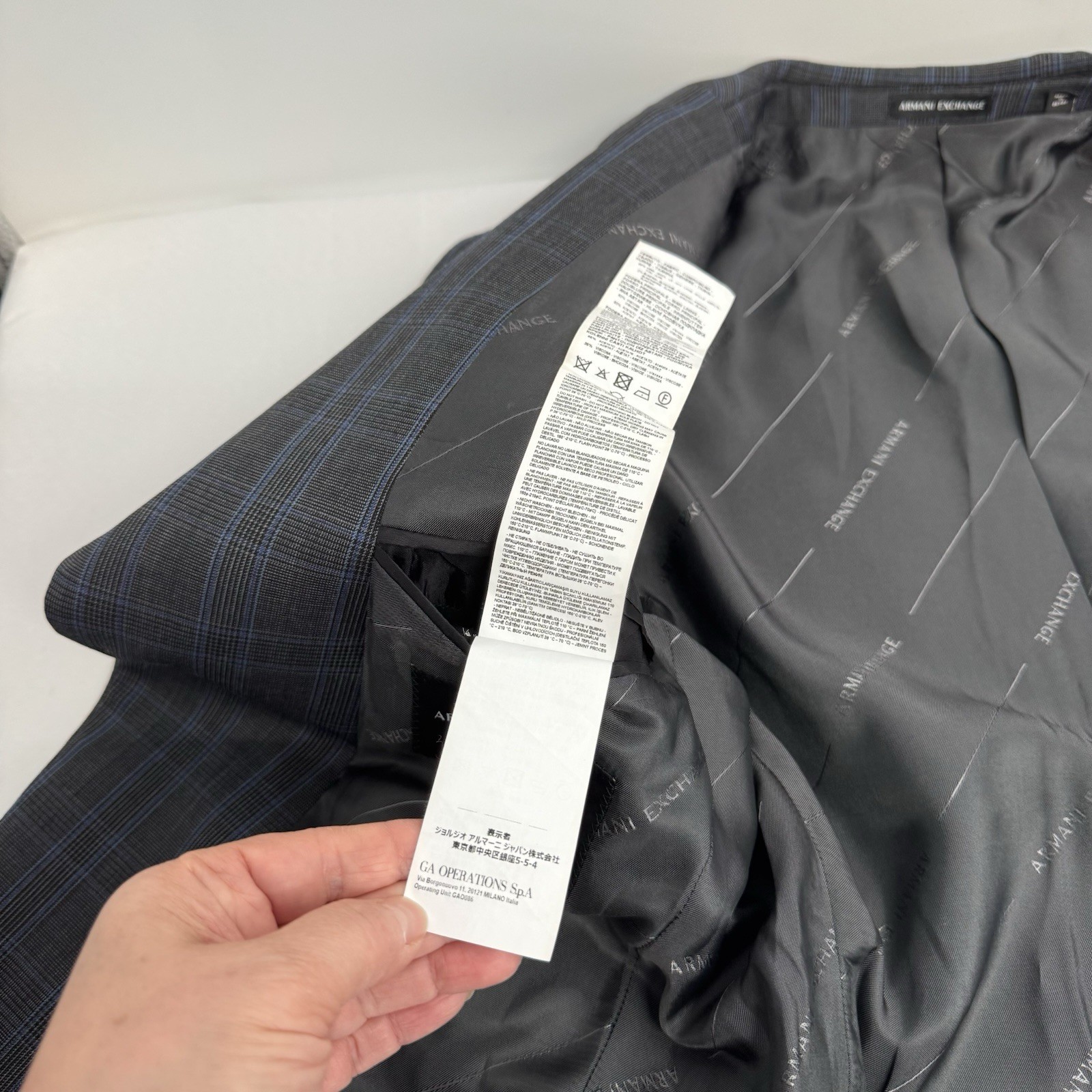 Armani Exchange 2 Piece Wool Suit 38 Pants 30WX 29L Gray/Blue Plaid
