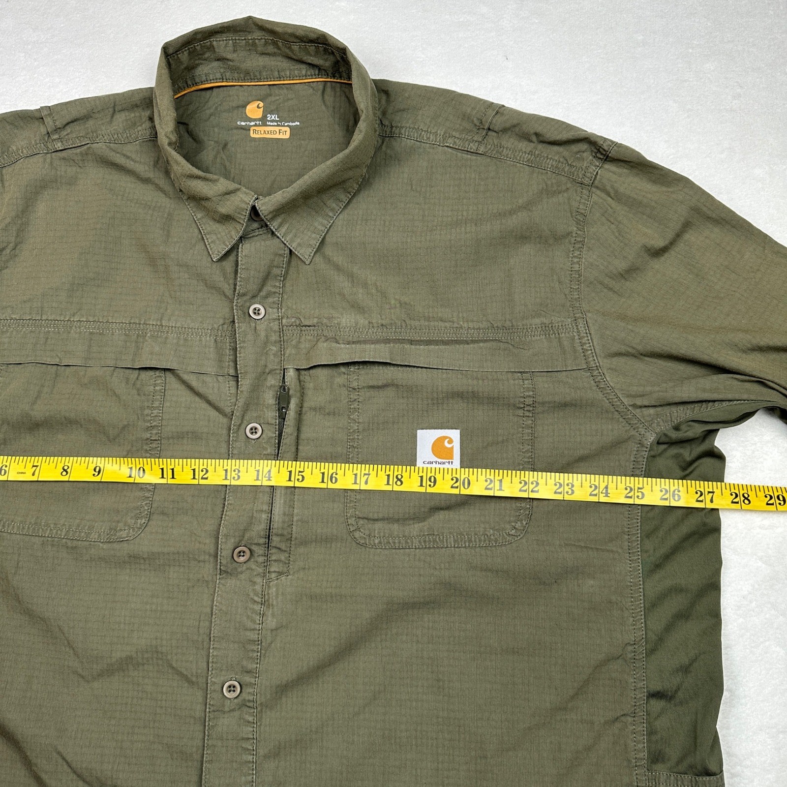Carhartt Mens 2XL Relaxed Fit Long Sleeve Work Shirt Green Cotton Nylon Spandex
