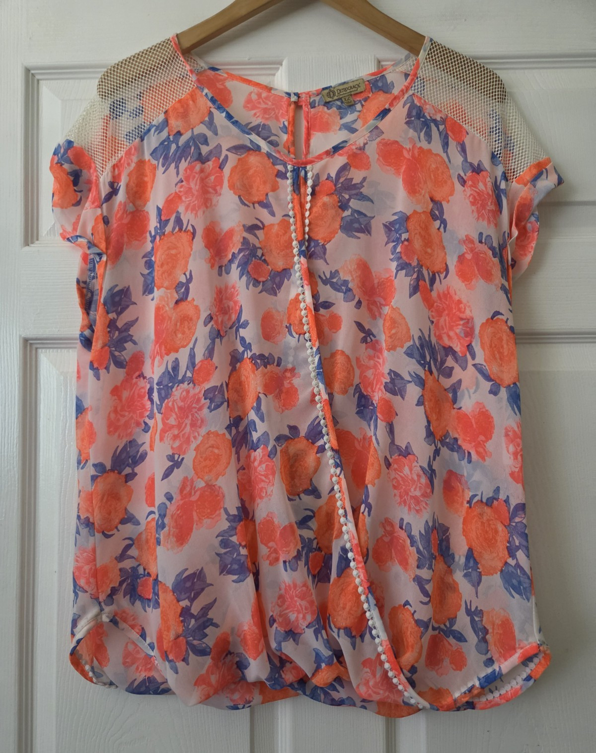 Democracy Orange Blue Floral Chiffon Mesh Shoulder Beaded Blouse Women’s XL