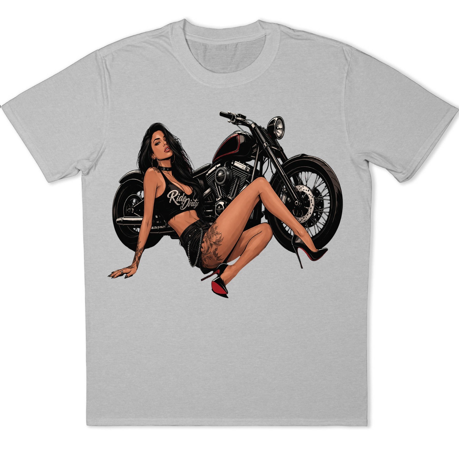 Ride Dirty Pinup Girl Biker T-Shirt Motorcycle Tattoo Babe Graphic Tee .
