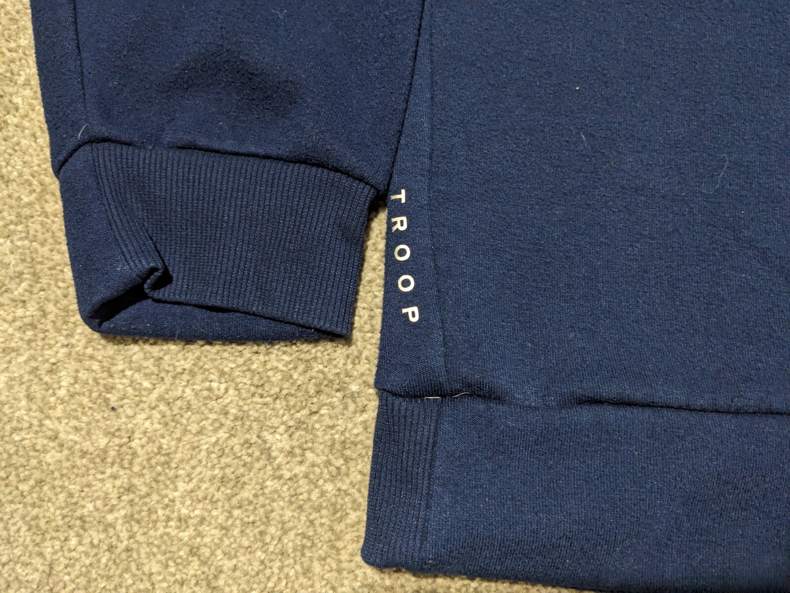 Troop Sweater Mens XL Sweatshirt Fleece Lined Crewneck Logo Spellout Navy Blue