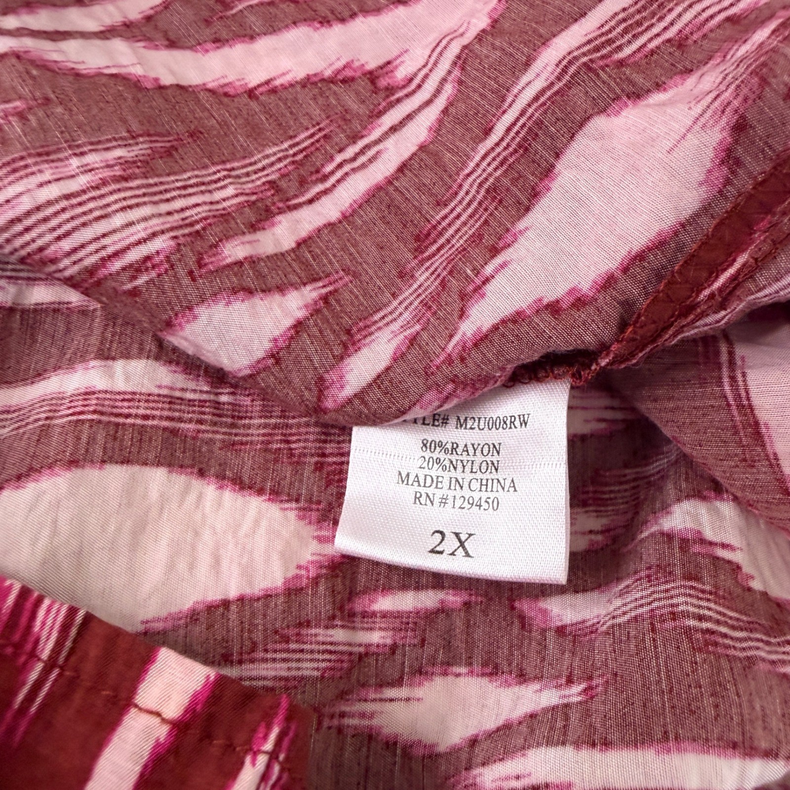 Fred David Blouse Women 2X Burgundy Pink Ikat Print Button Front 3/4 Sleeve