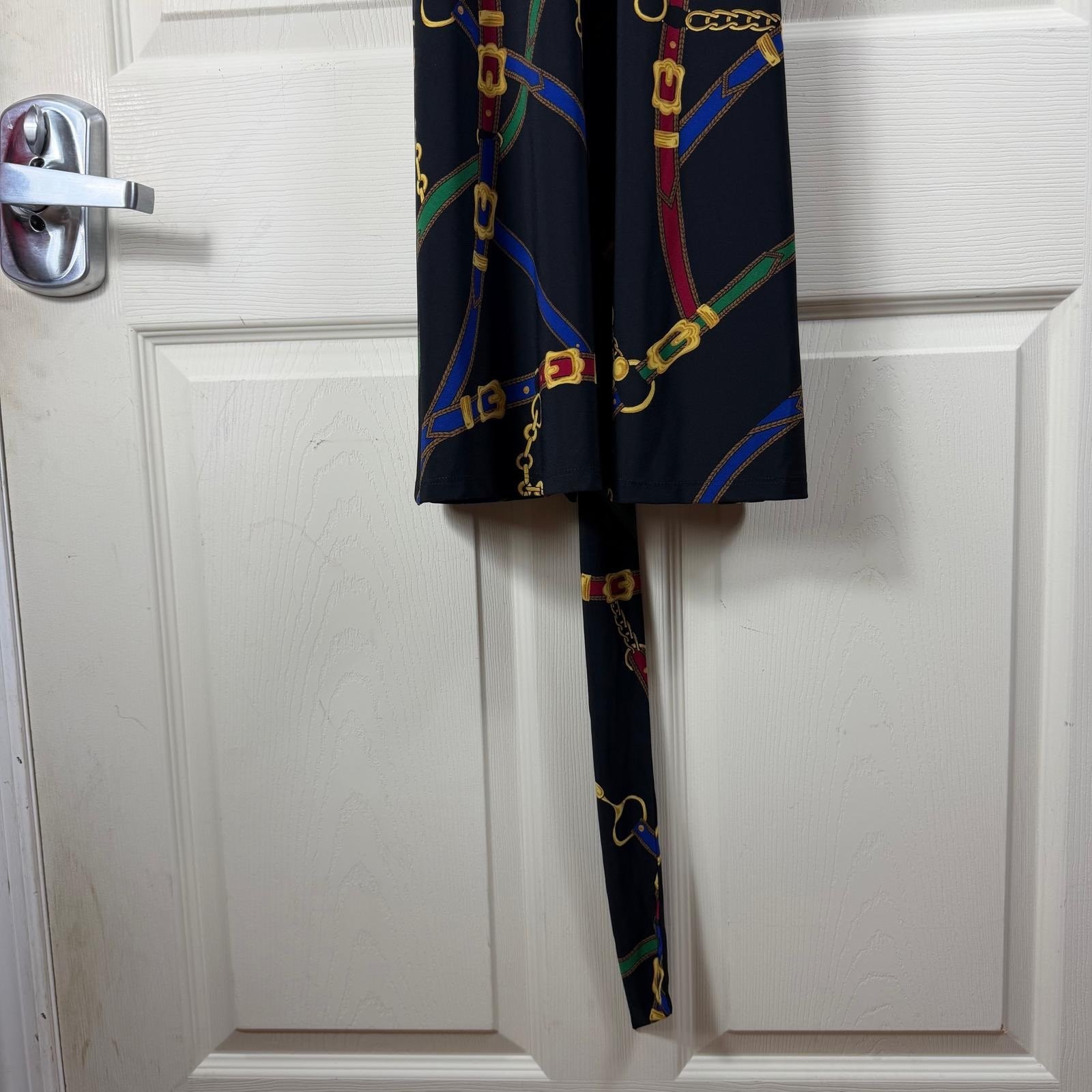 Lauren Ralph Lauren Equestrian Chain Print Faux Wrap Midi Dress Black Red Small
