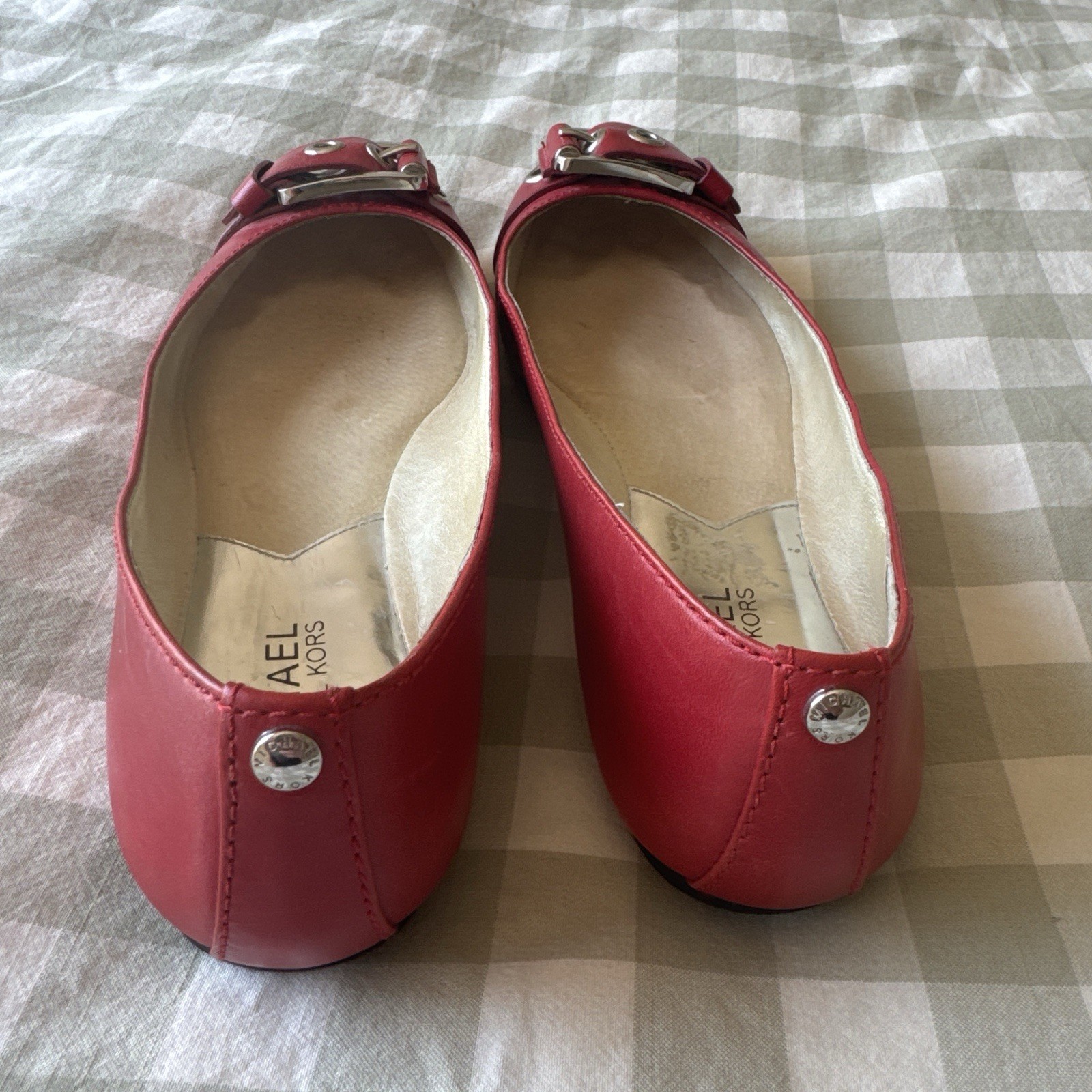 Michael Kors Red Leather Ballet Flats Slip On Buckle Logo Accents Women 7