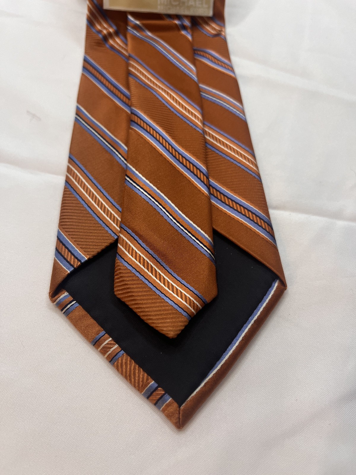 Michael Kors Men’s Rust Orange Blue Striped 100% Silk Neck Tie Classic Made USA