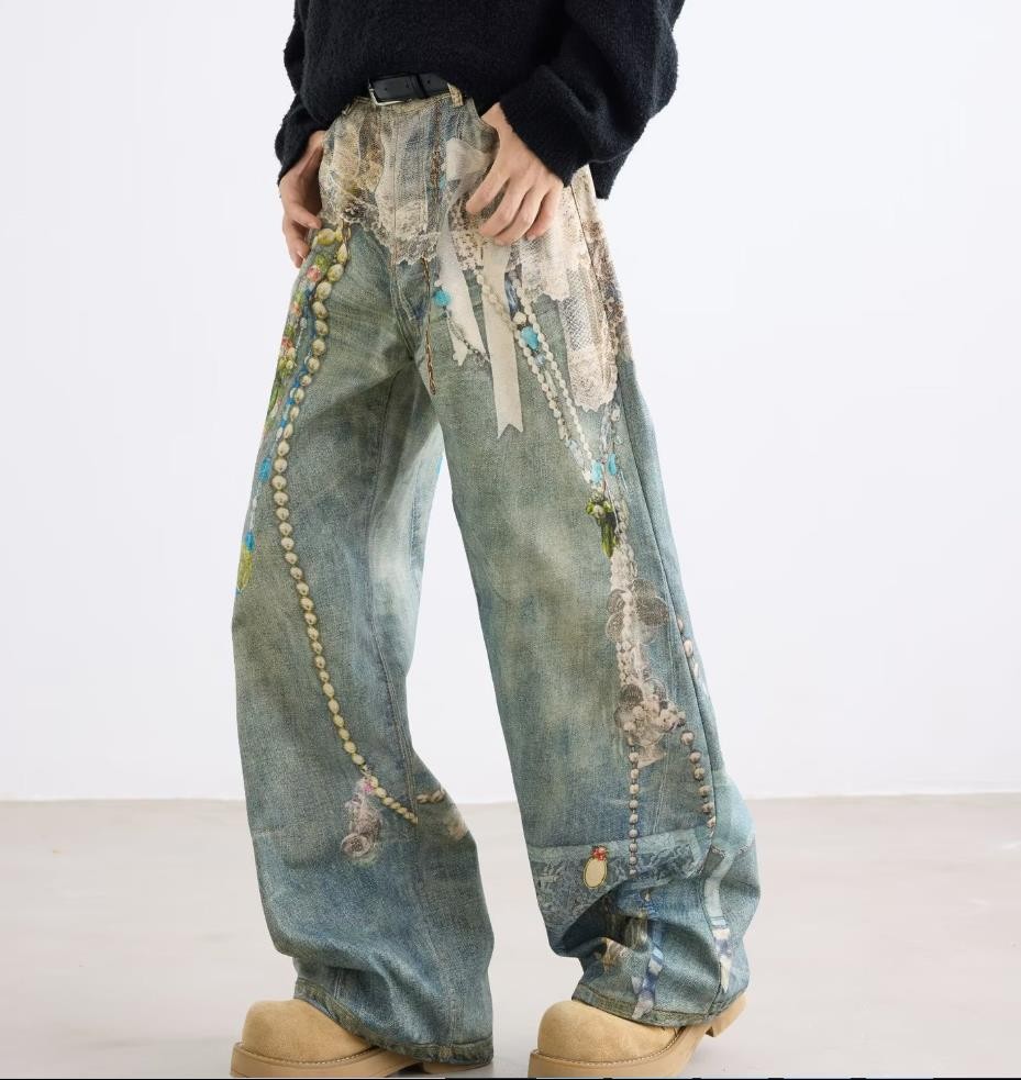 Men’s Retro Blue Denim Straight Leg Printed Jeans Punk Hip Hop Casual Trousers