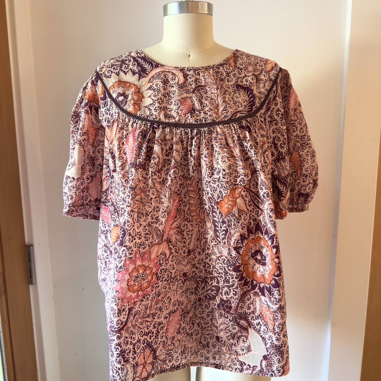 Madewell yoked puff-sleeve Floaty Boho Blouse-Bali Blooms Print Cotton top-Sz Lg
