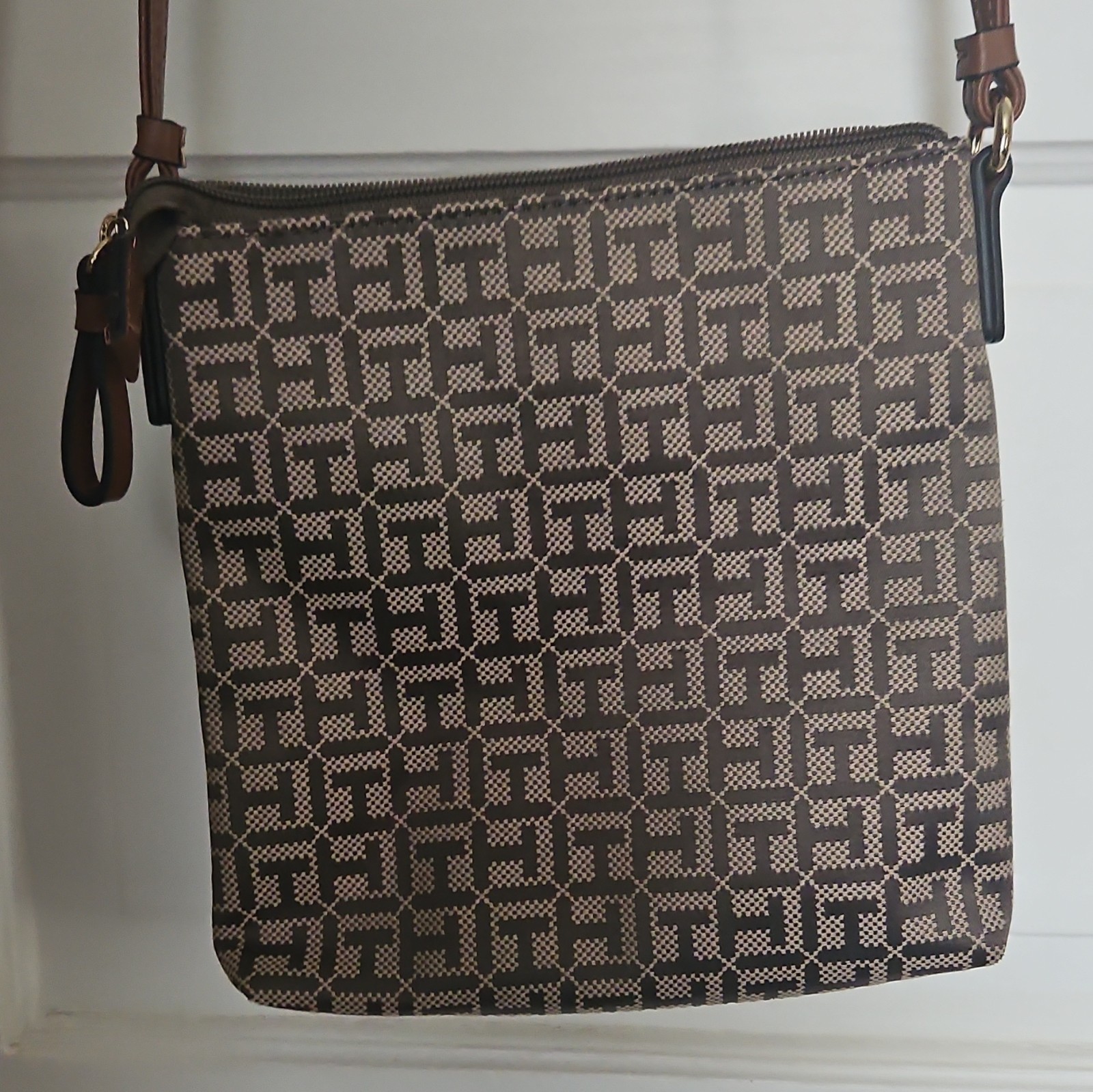 Tommy Hilfiger Brown Beige Monogram Small Crossbody Bag Zip Top Gold Hardware