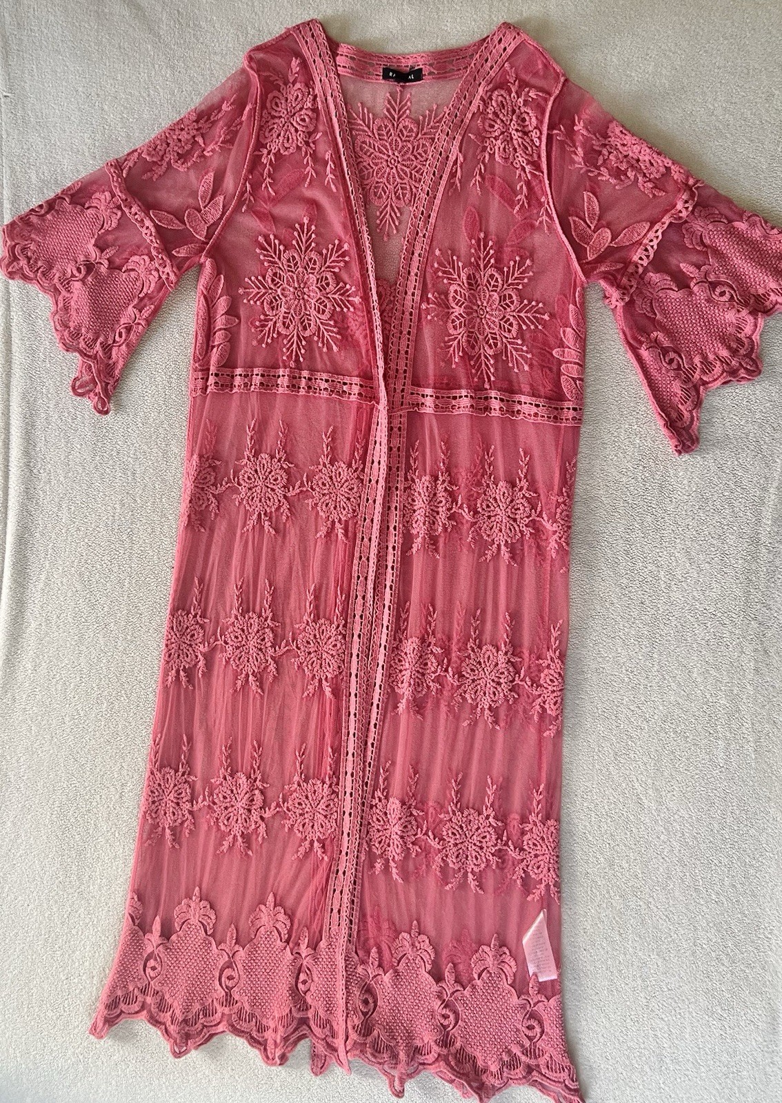 Boho Pink Lace Embroider Romantic Festival Floral Kimono Swimsuit Cover Up M/L