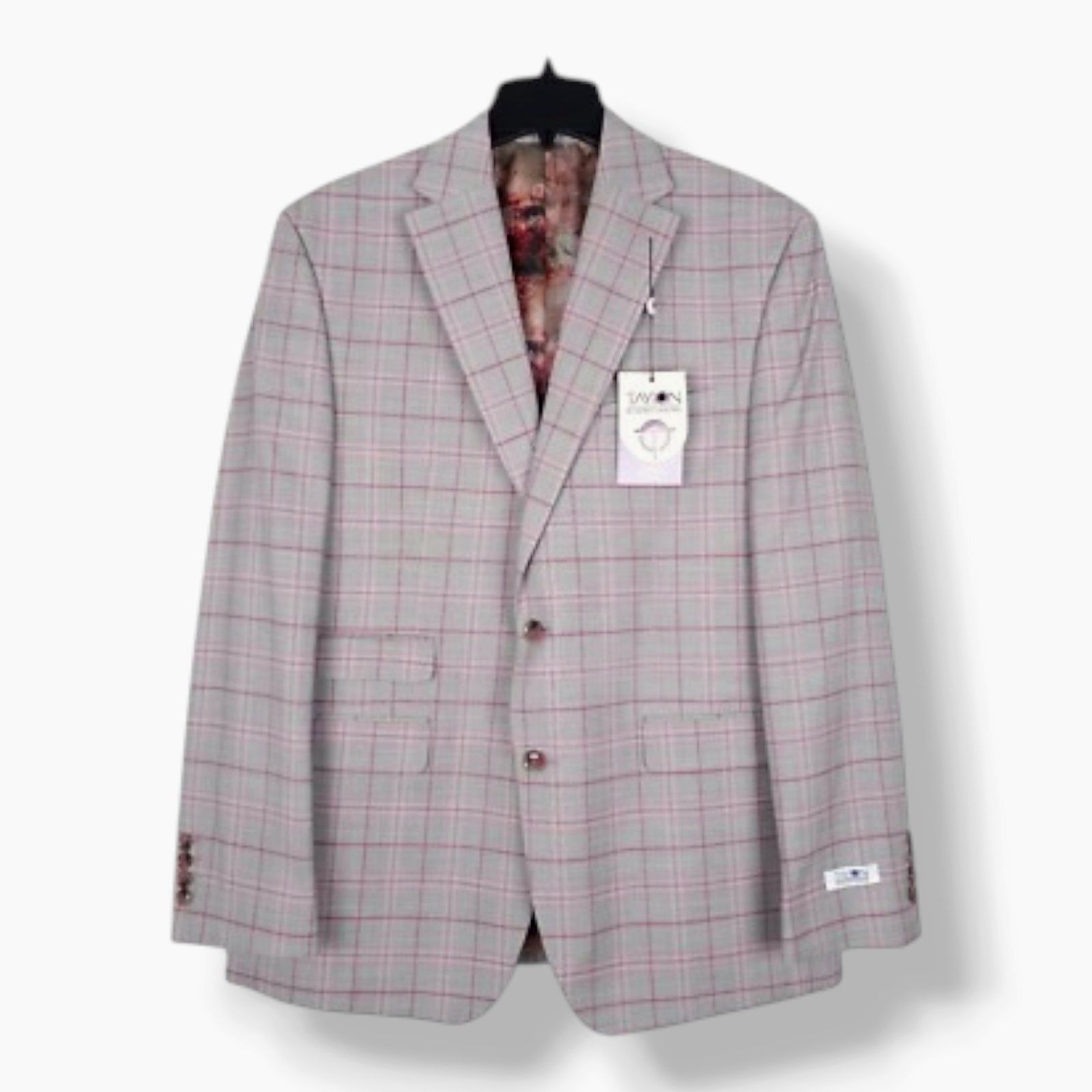 Tayion Collection Men’s Gray Red Classic-Fit Plaid Suit Jacket Size 42S