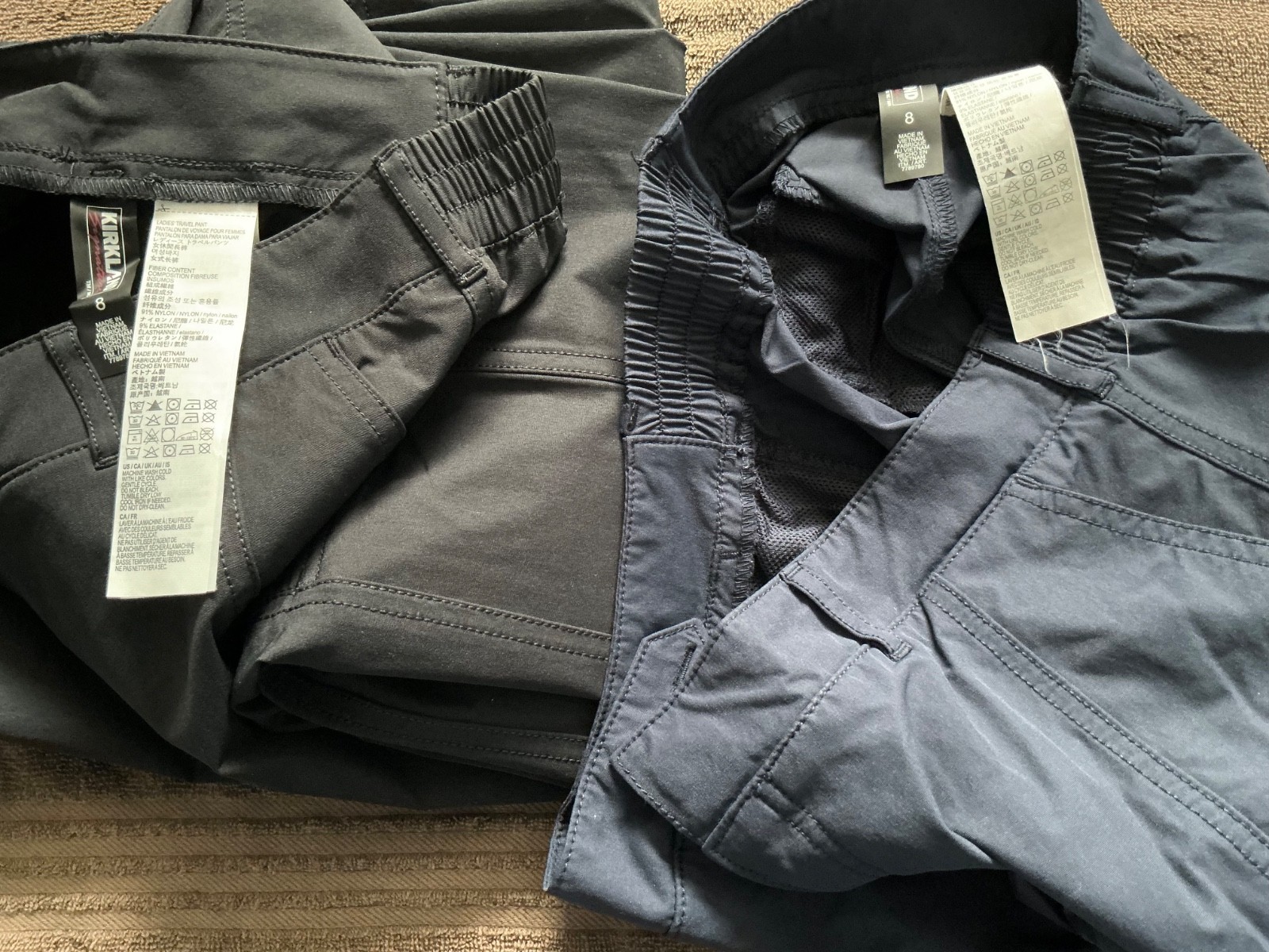 Lot of 2 Kirkland Signature Ladies Travel Pants Sz 8 – Black + Navy Blue – $20