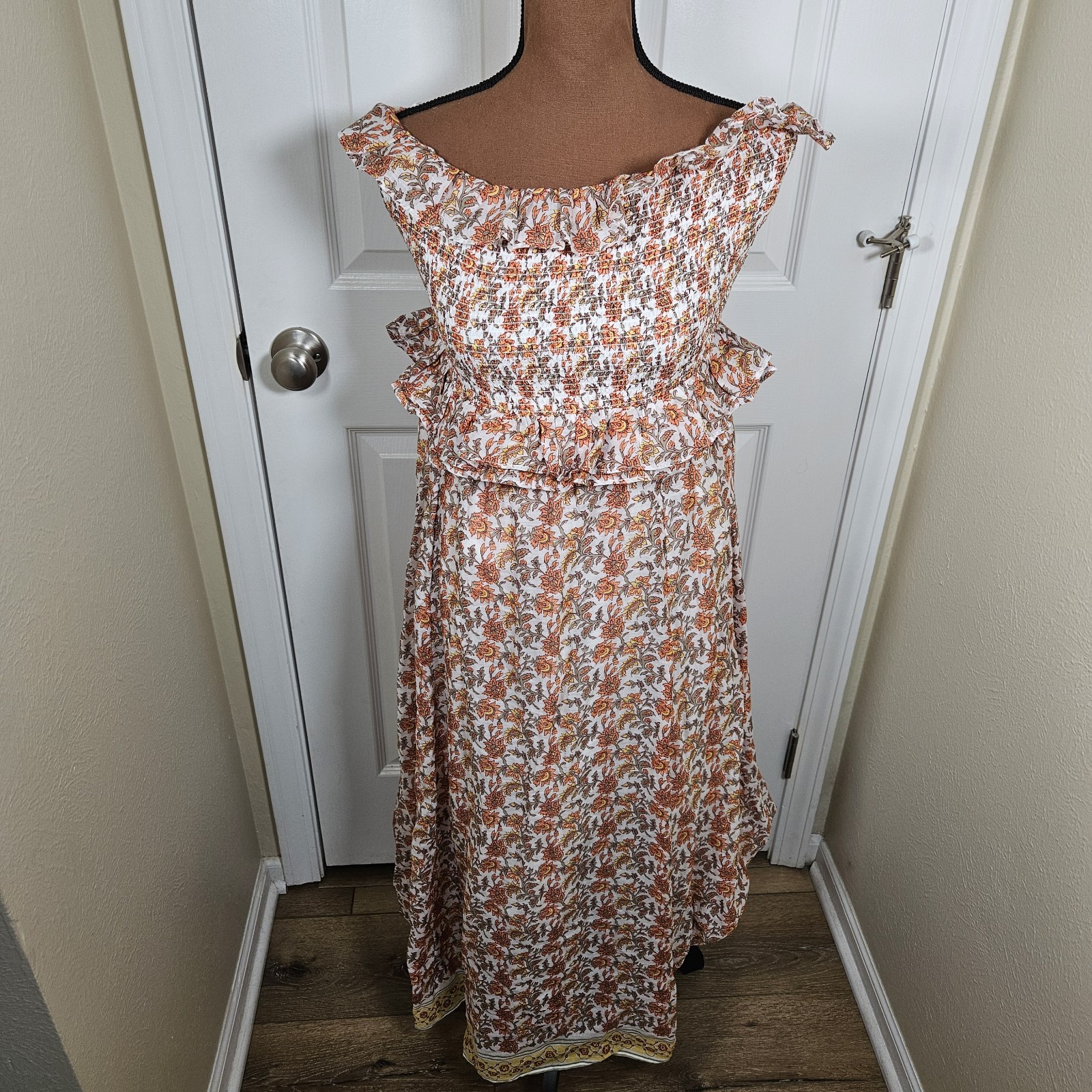 NWT J. Crew Ravenna Dress M Sunset Rose Ramie Floral Peach Midi Boho Cottagecore