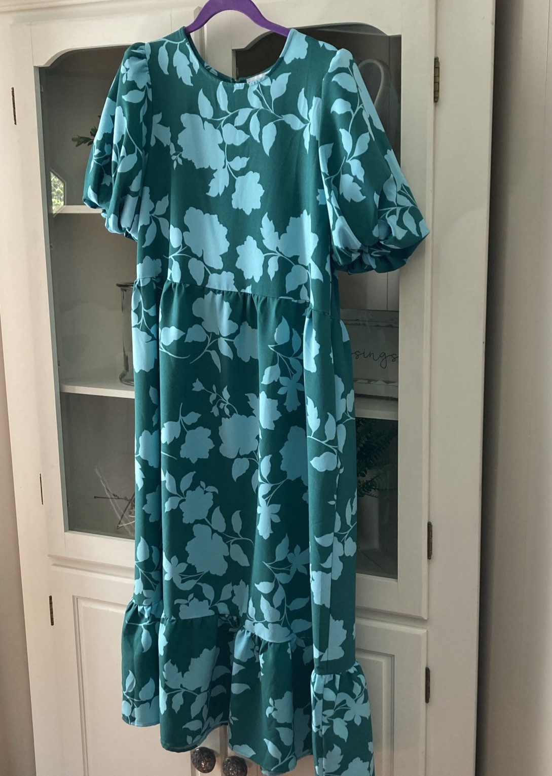 SugarLips Floral Midi Dress Womens Medium Green Blue Puff Sleeve Ruffle Hem