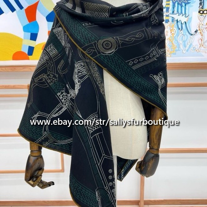 2025 Sally 75% Cashmere 25% silk Stole Saddle Chain Print 2 Face Scarf Shawl 53″