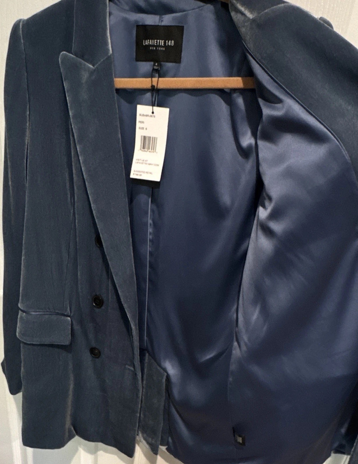 Lafayette 148 New York Peri Blue Velvet Double Breasted Blazer Sz 6 NWT $748