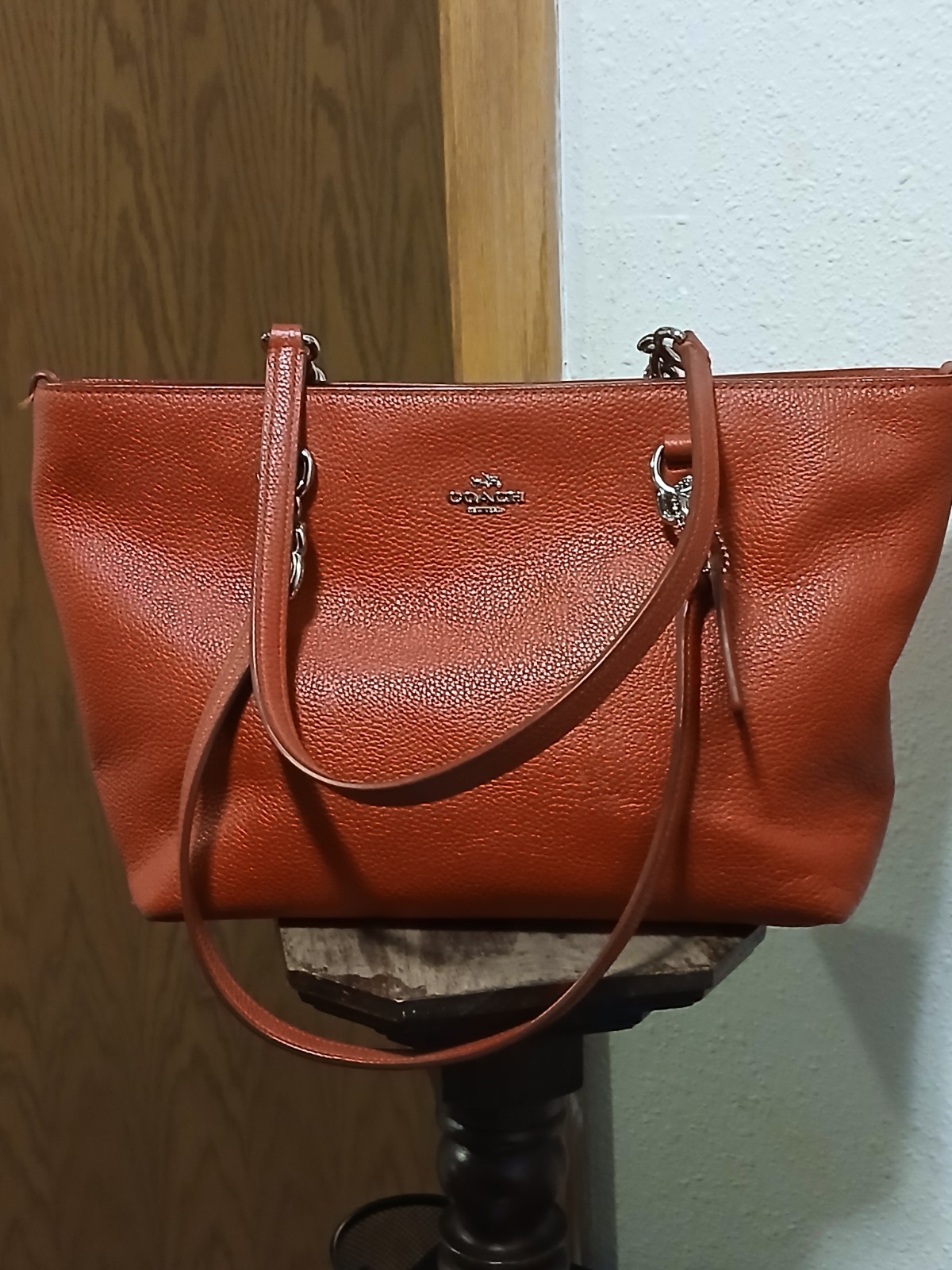 Authentic Coach Ava Chain Tote – Burnt Orange Pebbled Leather-Silver Stone Bag