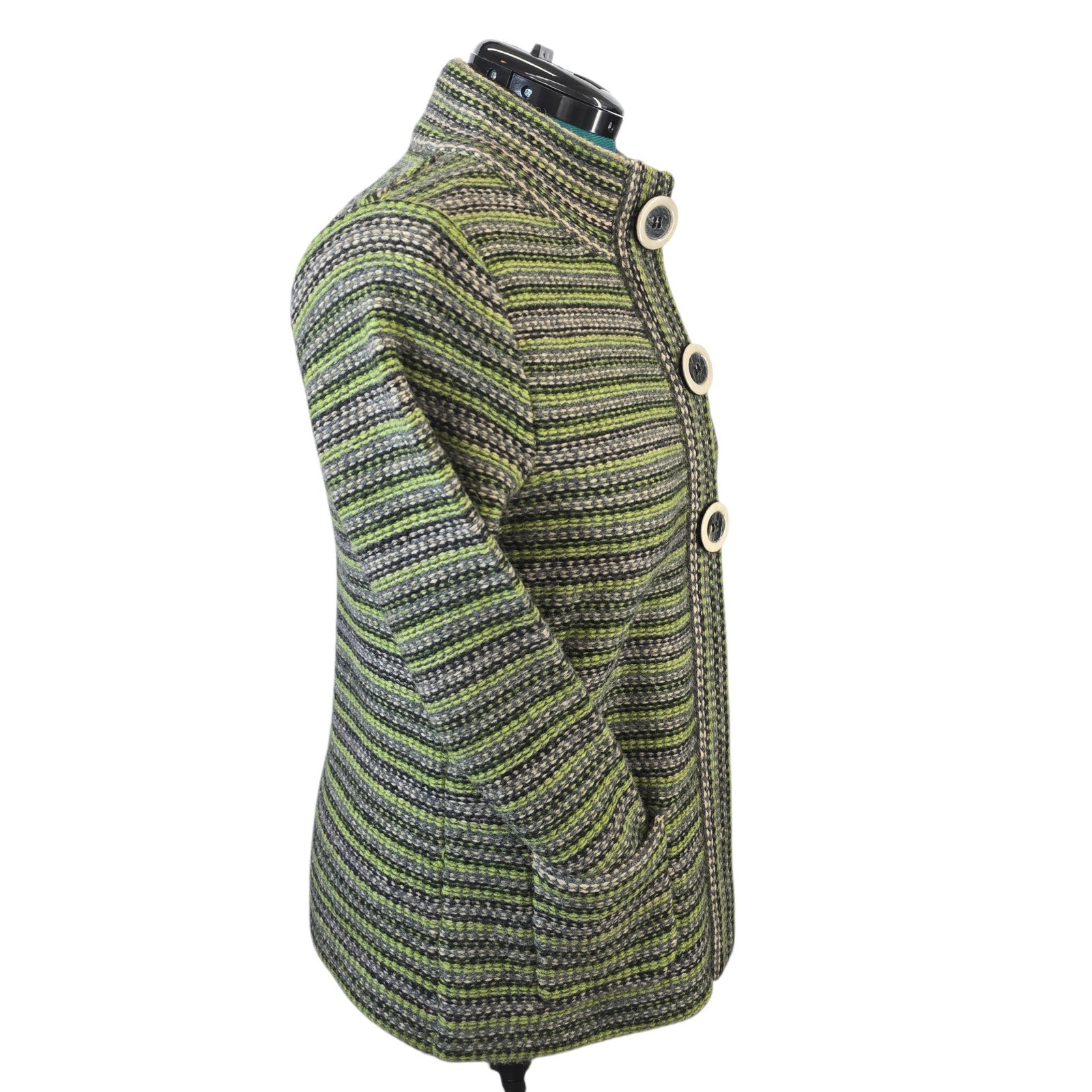 Beyond Definition Wool Blend Striped Mock Neck Cardigan Sweater Green Grey S