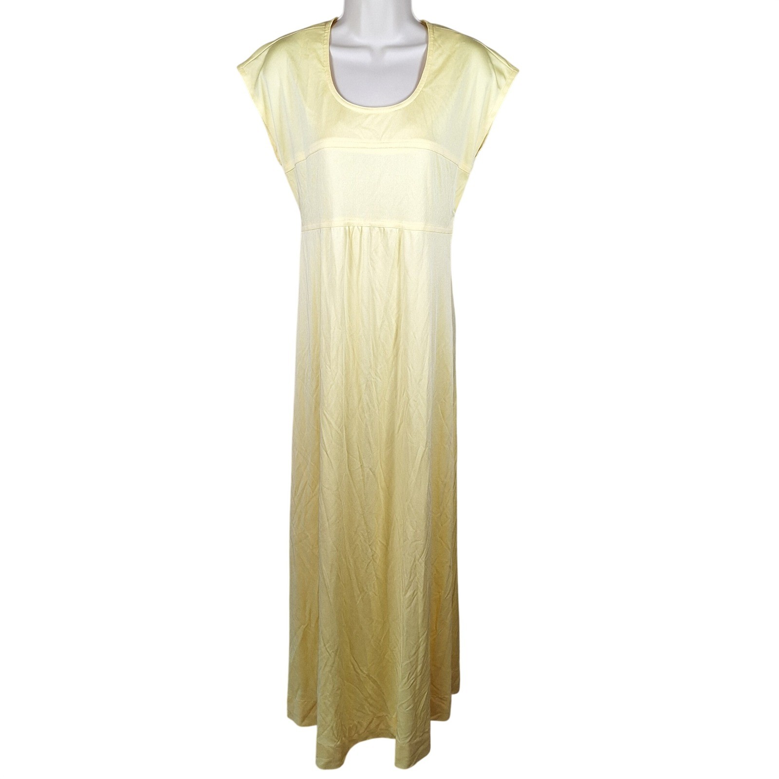 Malouf Vtg Butter Yellow Poly Empire Cap Sleeve Day Dress Maxi Floor Length 14