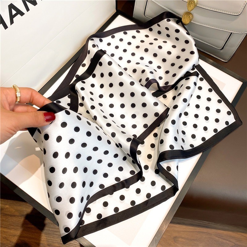 100% Silk Long Scarf Women Fashion Black White Polka Dots Neckerchief 150*15cm