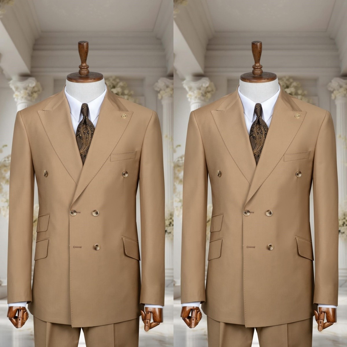 Double Breasted Men’s 2Pcs Suits Khaki Business Tuxedos Double Breasted Jacket