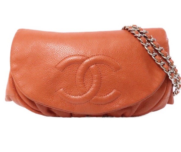 CHANEL halfmoon red Orange Shoulder Bag Flap Logo Chain Strap Silver Hardware