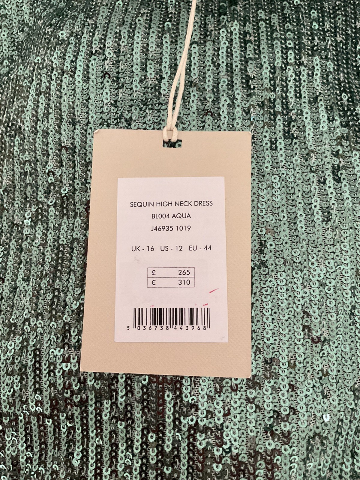 Jigsaw Sequin High Neck Dress – Aqua – Size 16 – New with Tag £265