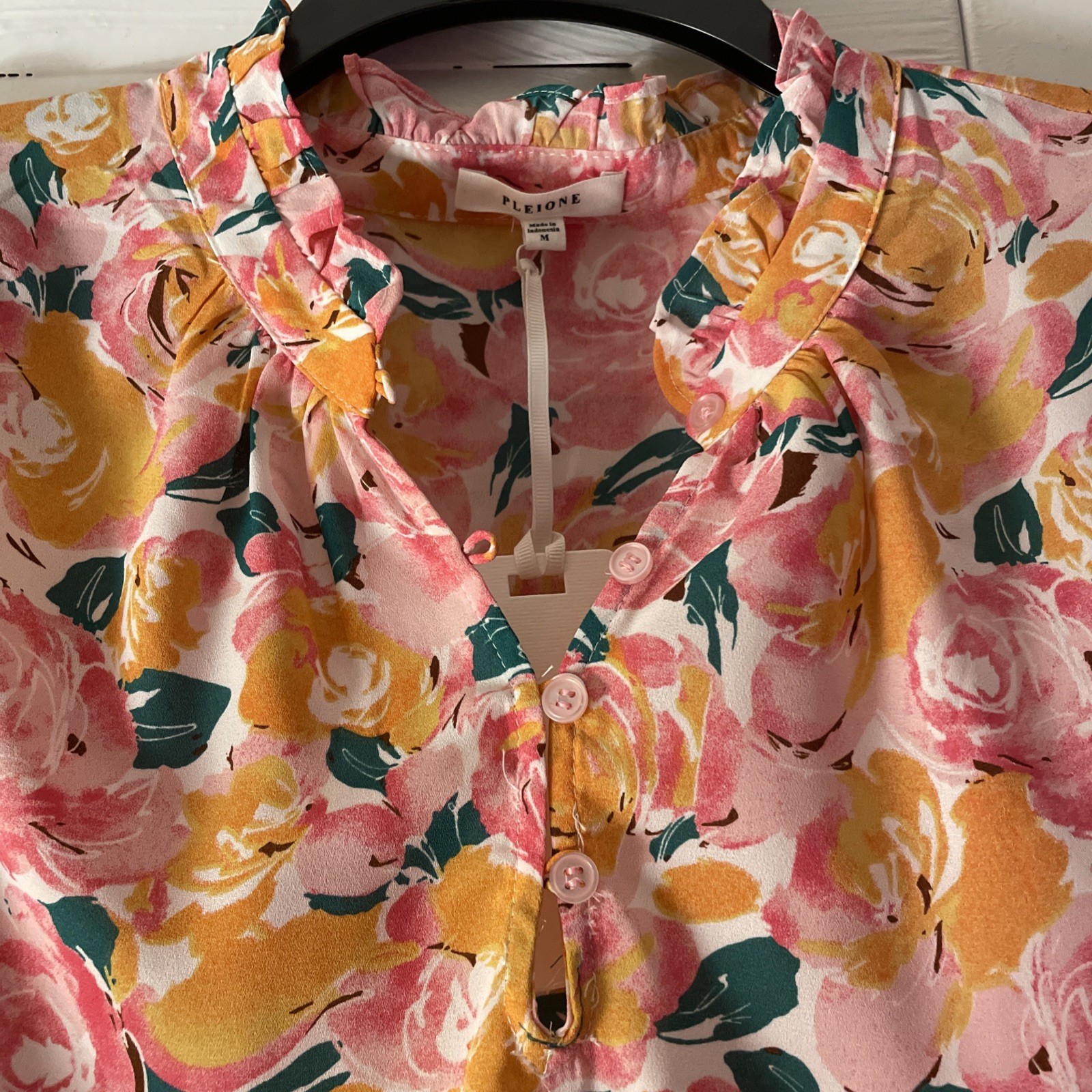 Pleione Anthropologie Blouse Pink Roses Medium Puff Feminine Cottage