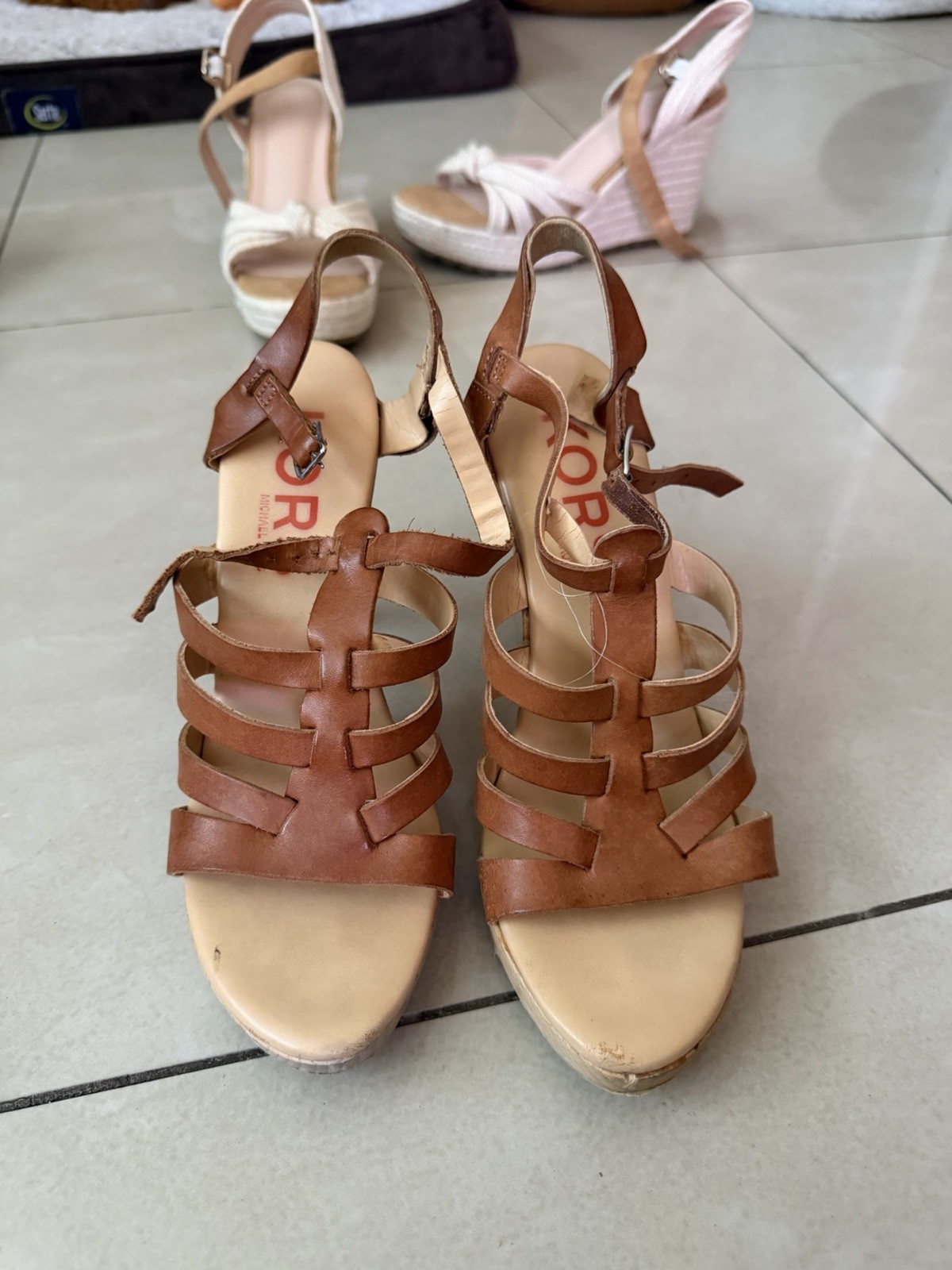 Michael Kors Brown/Beige Leather Strappy Ankle Strap Open Toe Heels US 7.5