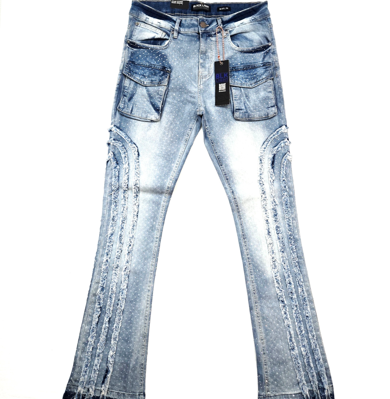 Black Light Men Jeans Stretch Slim Straight Flare Fit Med Blue Denim Rhinestone