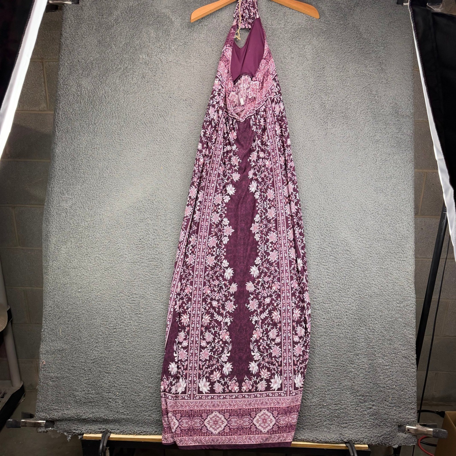 Vanity Womens Purple Floral Paisley Crochet Halter Maxi Dress Size M Boho Summer